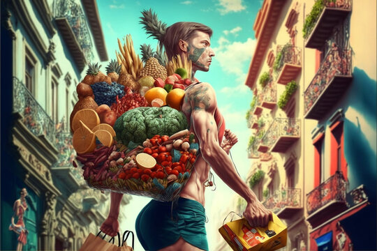Man carries lot of vegetables and fruits around city. Concept on theme of healthy lifestyle.