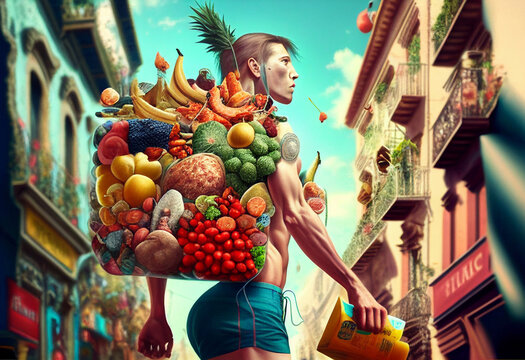 Man carries lot of vegetables and fruits around city. Concept on theme of healthy lifestyle.