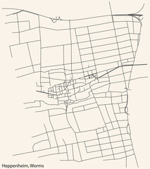 Detailed navigation black lines urban street roads map of the HEPPENHEIM QUARTER of the German town of WORMS, Germany on vintage beige background