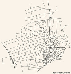 Detailed navigation black lines urban street roads map of the HERRNSHEIM QUARTER of the German town of WORMS, Germany on vintage beige background