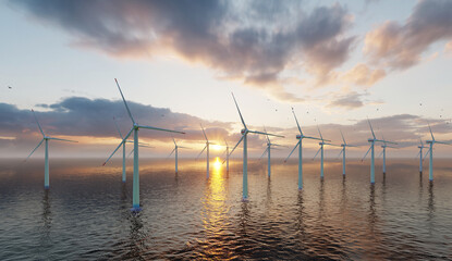 ULTRA HD. Ocean Wind Farm. Windmill farm in the ocean. Offshore wind turbines in the sea. Wind turbine from aerial view