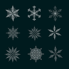 Fototapeta na wymiar Vector snowflakes on isolated black background. Icons set.