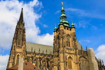 View of the Gothic Catholic Cathedral of St. Vitus, Wenceslas and Vojtech in Prague Castle. Background