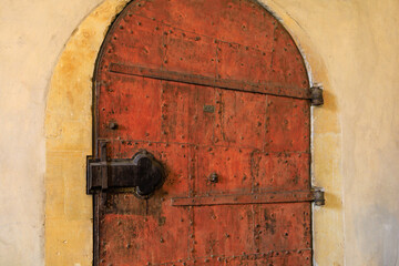 Closed antique door. Background with selective focus and copy space