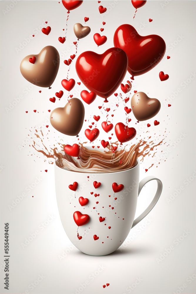 Aufkleber a cup of coffee with hearts flying out of it and chocolates falling out of it in the air., generativ