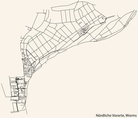 Detailed navigation black lines urban street roads map of the STADTBEZIRK NÖRDLICHE VORORTE DISTRICT of the German town of WORMS, Germany on vintage beige background