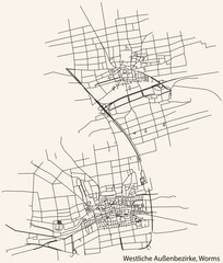 Detailed navigation black lines urban street roads map of the STADTBEZIRK WESTLICHE AUSSENBEZIRKE DISTRICT of the German town of WORMS, Germany on vintage beige background