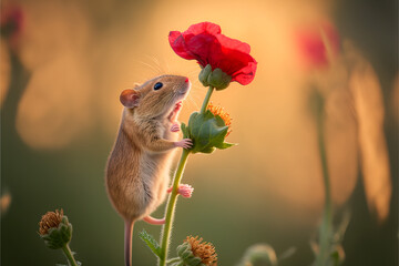 Photo illustration of a field mouse standing on his hind legs, smelling a red flower
generative ai