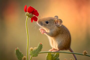 Photo illustration of a field mouse standing on his hind legs, smelling a red flower generative ai