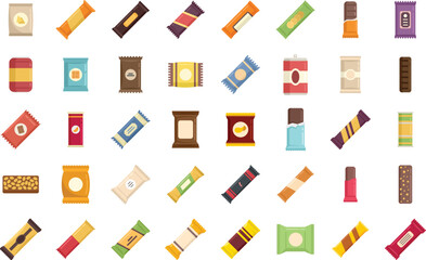 Snack bar icons set flat vector. Candy product. Snack bar food isolated - obrazy, fototapety, plakaty