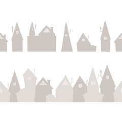 Seamless border with rural houses. Vector template, background.