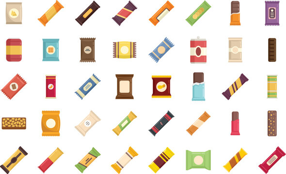 Snack bar icons set flat vector. Candy product. Snack bar food isolated