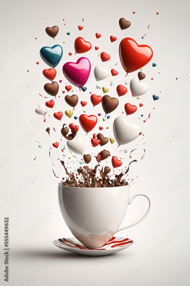 Aufkleber a cup filled with lots of hearts floating out of it's side and in the air., generative ai