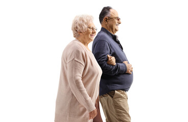 Elderly woman holding a man under arm