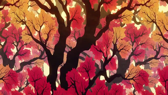 Autumn red forest animated looped background