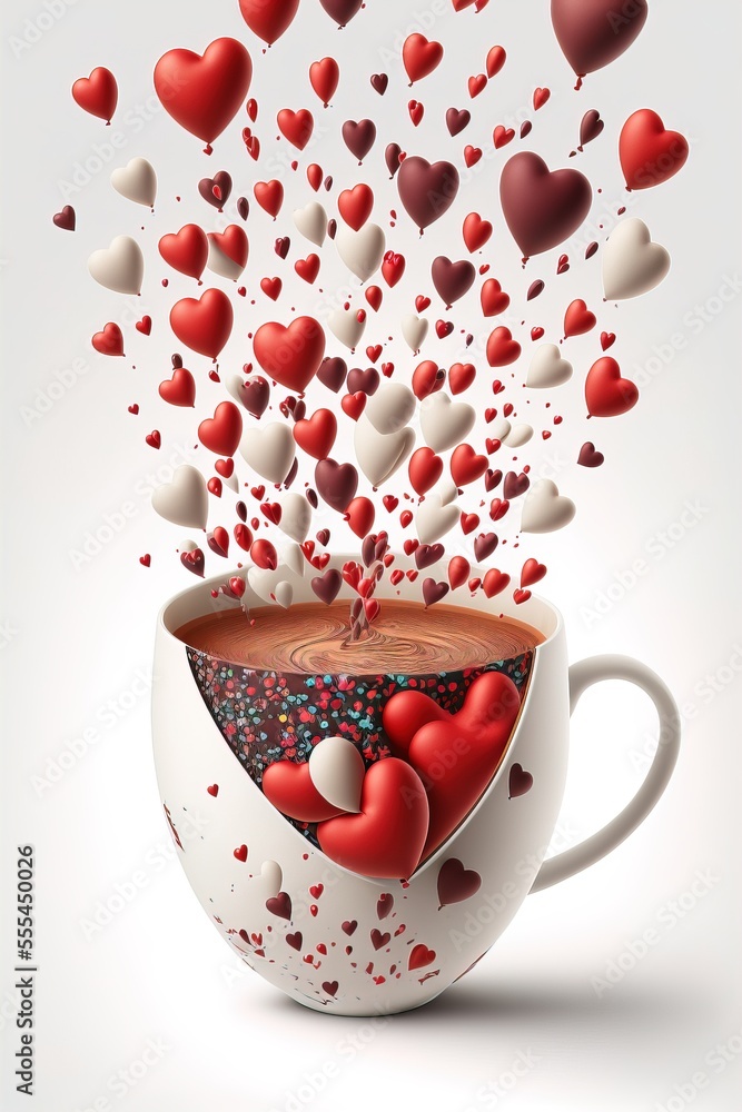 Aufkleber a cup of coffee with hearts floating out of it and a saucer full of chocolate puddings in the middle