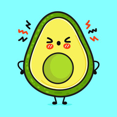 Cute angry avocado character. Vector hand drawn cartoon kawaii character illustration icon. Isolated on blue background. Sad avocado character concept