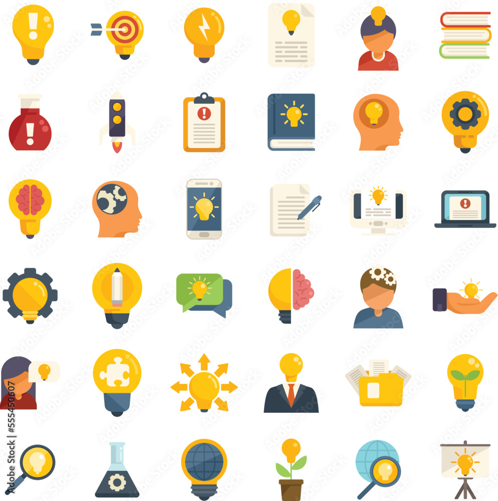 Poster idea icons set flat vector. light bulb. business solution isolated