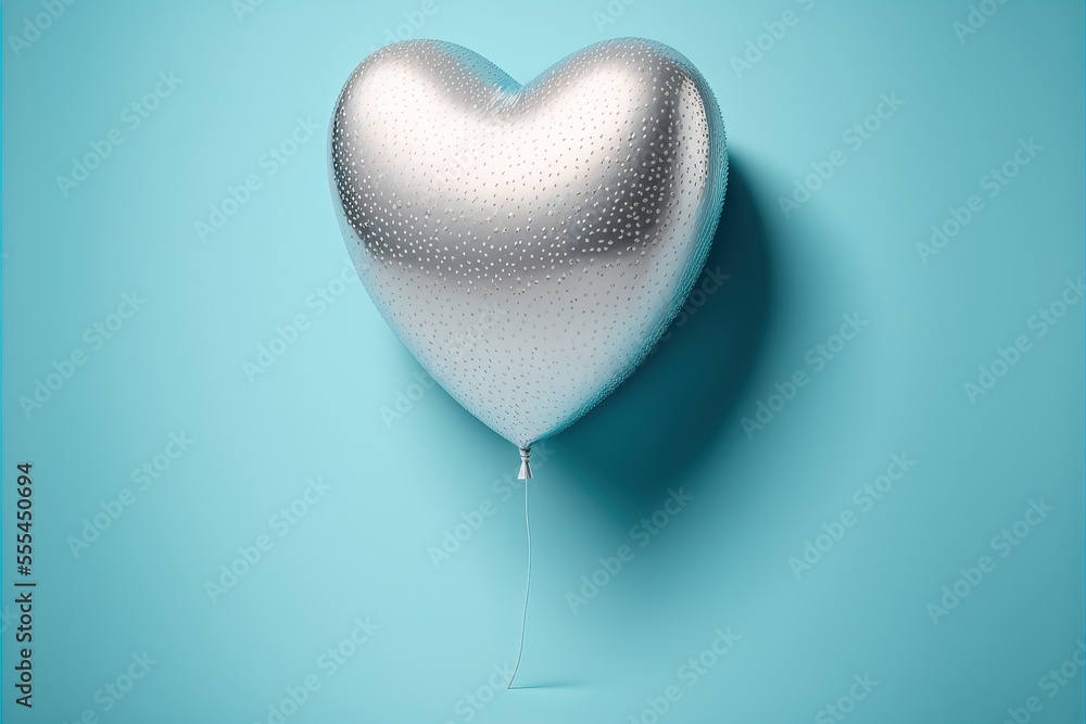Poster a heart shaped balloon floating on a blue background with a string attached to it., generative ai