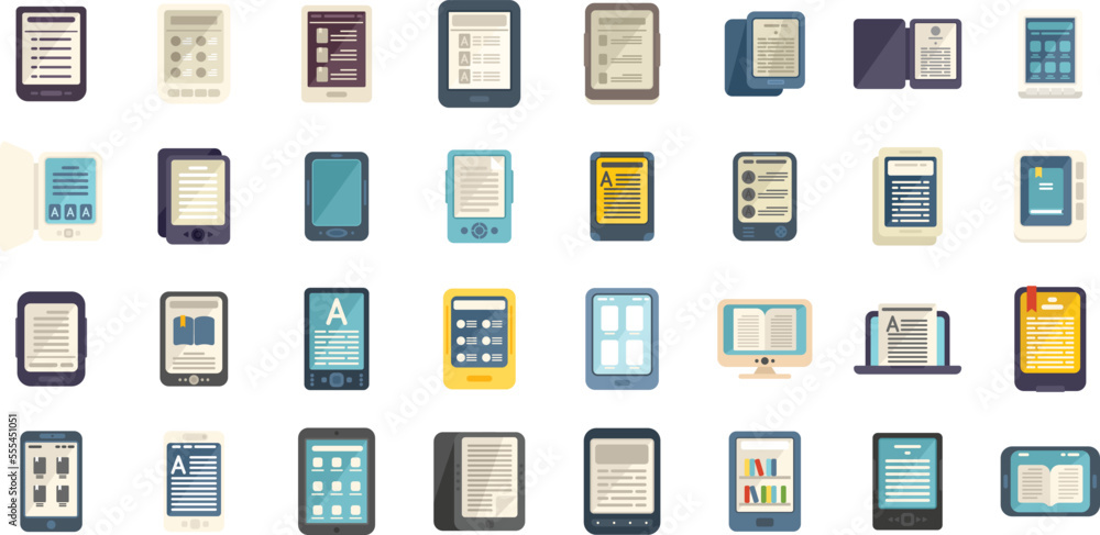 Poster e-book application icons set flat vector. book reader. digital tablet isolated