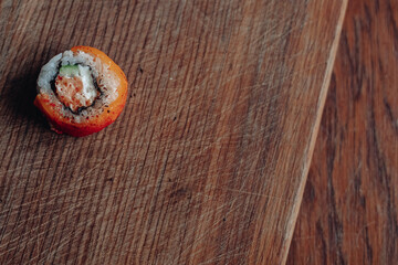 Beautiful delicious sushi. Sushi delivery. Advertising sushi rolls made of fish and cheese.