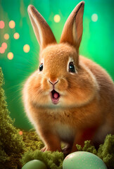 Ginger rabbit, surprised Easter rabbit, cute bunny, Easter, bunny, fluffy, cute, illustration, generated art, ai