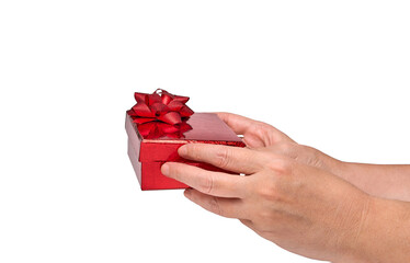 Woman hands over gift box with both hands, isolated on white background and space for copying. Concept of love, passion, romance, romantic, valentine, organ donation.