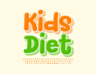 Vector playful emblem Kids Diet. Creative handwritten Font. Orange 3D Alphabet Letters and Numbers set