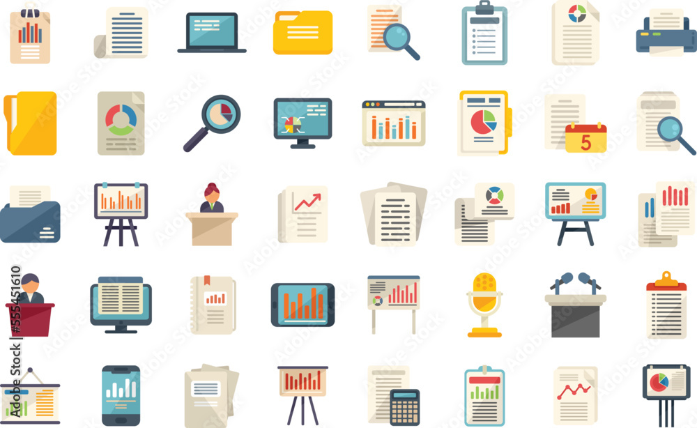 Poster report icons set flat vector. performance chart. data document isolated