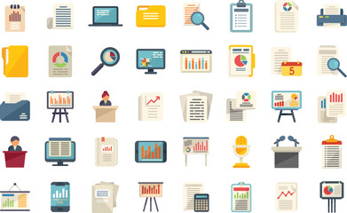 Report icons set flat vector. Performance chart. Data document isolated