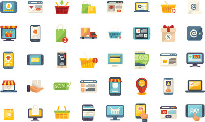 Online shopping icons set flat vector. Shop cart. Commerce basket isolated