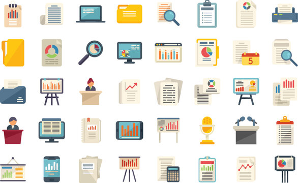 Report icons set flat vector. Performance chart. Data document isolated