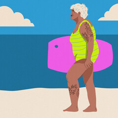 elderly woman surf surfboard beach sea blue sky