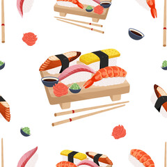 Sushi seamless pattern with nigiri, wasabi, ginger, soy sauce.