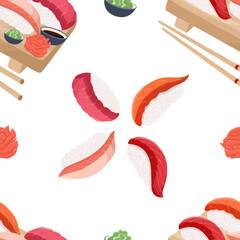 Nigiri sushi seamless pattern. Flat vector Japanese food.