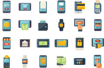 Mobile payment icons set flat vector. Money bank. Mobile online isolated