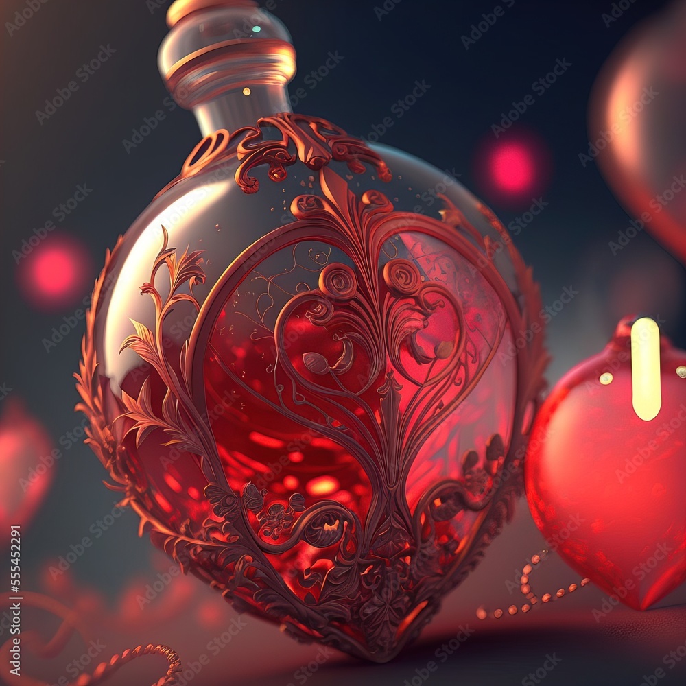 Poster a red glass bottle with a candle inside of it on a table with hearts around it and a candle in the m