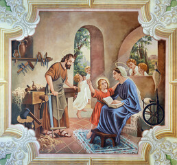 SEBECHLEBY, SLOVAKIA - OKTOBERT 8, 2022: The fresco Holy Family in St. Michael parish church by Jozef Antal (1963). - obrazy, fototapety, plakaty