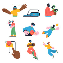 Metaverse concept set in flat design. Man and woman in VR headsets gaming, learning or doing science research with virtual reality simulation. Illustration with pack of people scenes for web