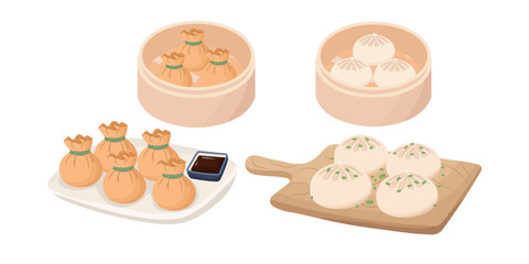 Fototapeta na wymiar Vector illustration of different dumplings types. Cooking theme. Elements for culinary book or menu.