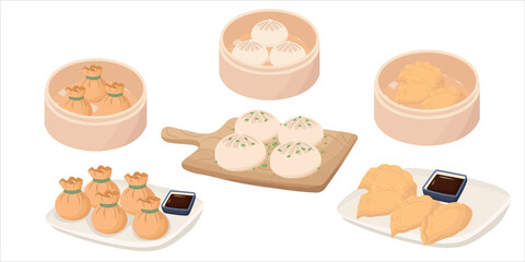 Obraz na płótnie Canvas Vector illustration of different dumplings types. Cooking theme. Elements for culinary book or menu.