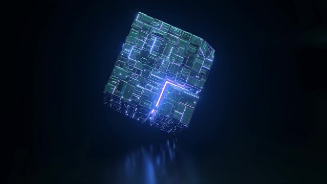 The rotation of a sci-fi cube with neon glowing elements. Abstract 3d animation.