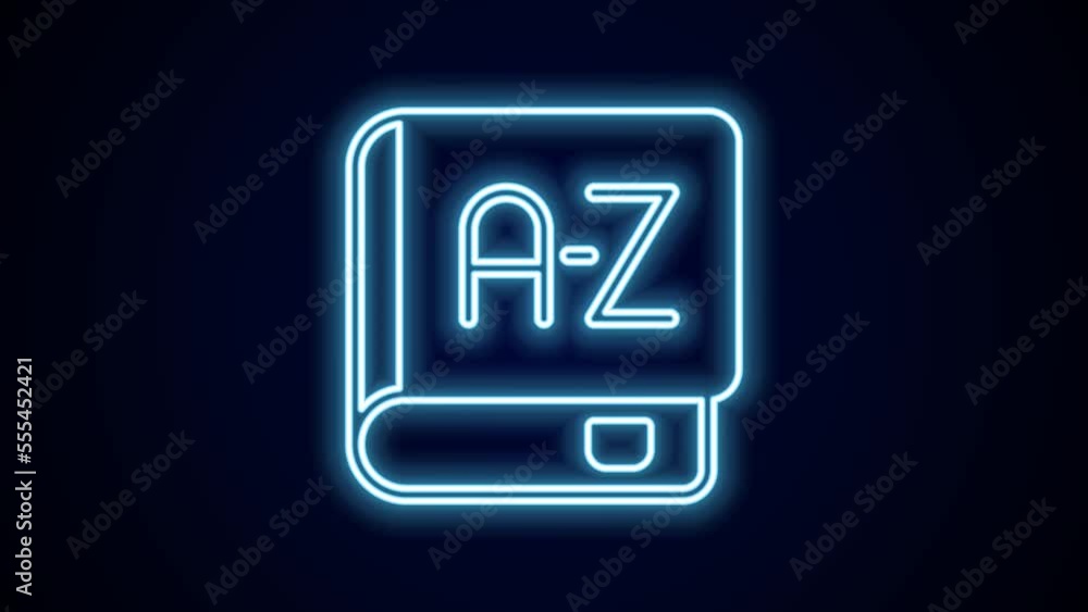 Poster glowing neon line translator book icon isolated on black background. foreign language conversation i