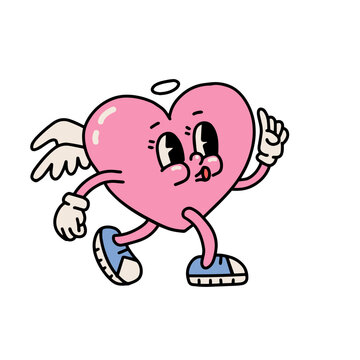 Groovy hippie love sticker character. Comic happy heart character with wings in trendy retro 60s 70s cartoon style. Happy Valentines day concept. Vintage isolated vector illustration.