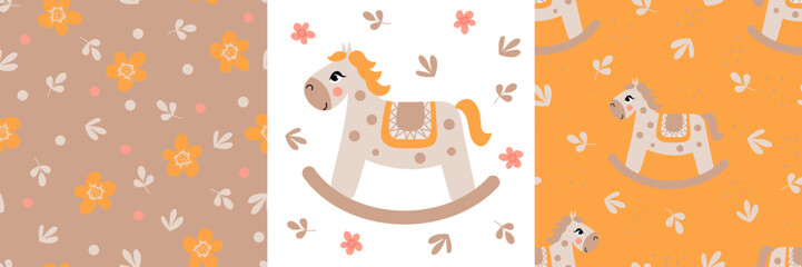 Print and seamless patterns. Baby rocking horse in pastel colors. Vector hand-drawn character for graphic tee print. Seamless Repeat Pattern. Design for paper, cover, textiles.