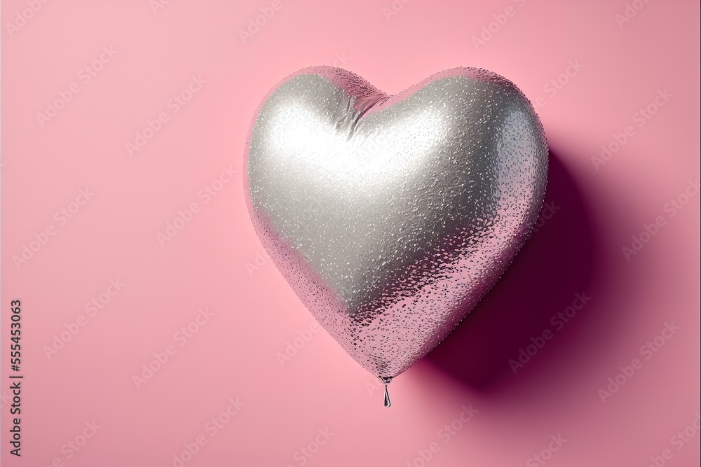 Poster a heart shaped balloon on a pink background with a drop of water on it's side and a pink background.