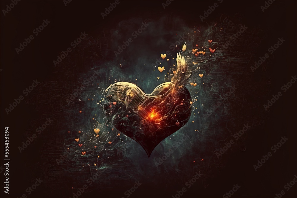 Poster a heart shaped object with a firework effect in the middle of it and a dark background with a red li
