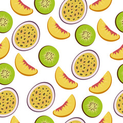 Fruit seamless pattern. With passion fruit, kiwi and peach. Vector graphic.	