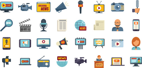 Reportage icons set flat vector. Interview news. Camera tv isolated