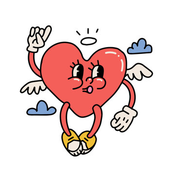 Groovy lovely heart character flying between clouds. Love mascot with wings concept. Happy Valentines day card. Heart character whistling in trendy retro 60s 70s cartoon style. Vector illustration